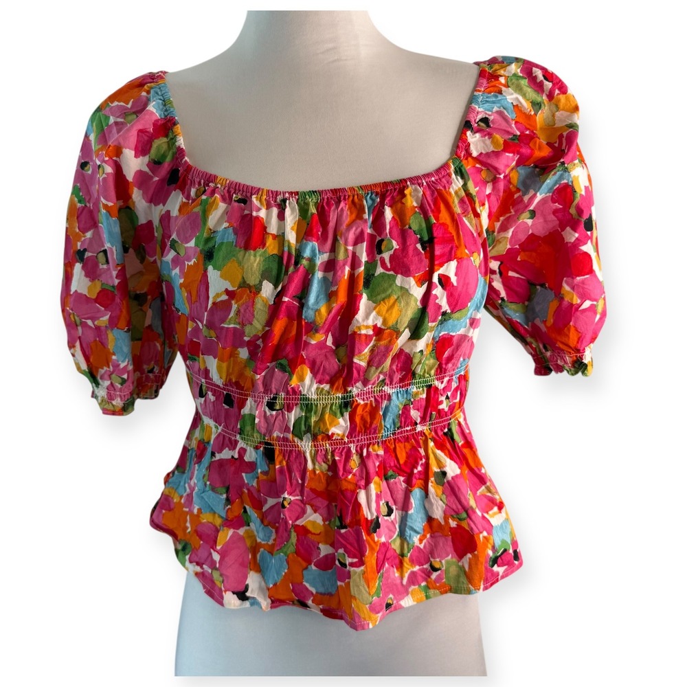 Sanctuary Printed Lace Up Puff Sleeve Cotton‎ Top Size XS